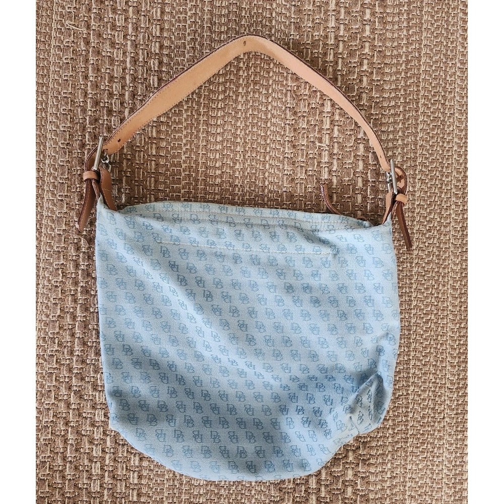 Vintage Y2K Blue Zip Dooney & Bourke Canvas Hobo Bag Purse Tan Leather Strap - Picture 5 of 6